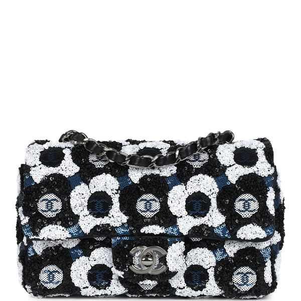 Chanel Mini Rectangular Flower Flap Bag Black, Navy and White Sequin R