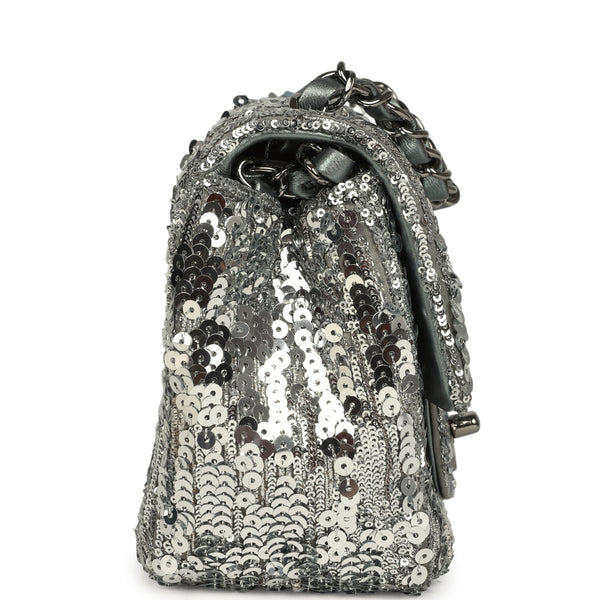 Chanel Mini Classic Square Flap Bag Metallic Silver Sequins Ruthenium