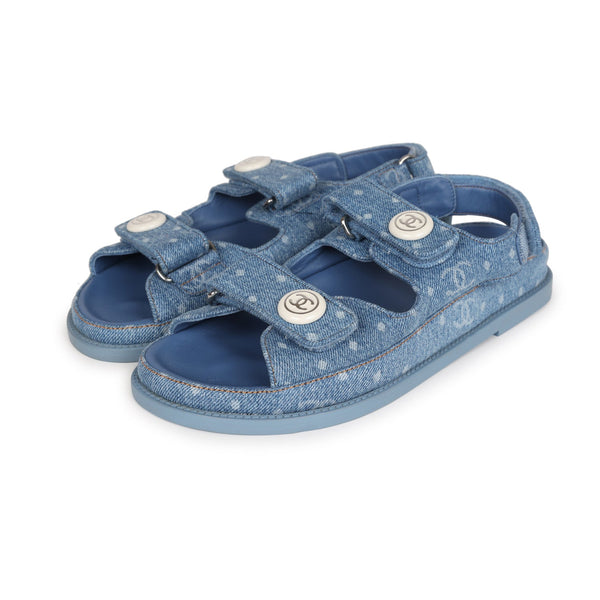 Chanel Dad Sandals Blue Denim Silver Hardware 38 EU