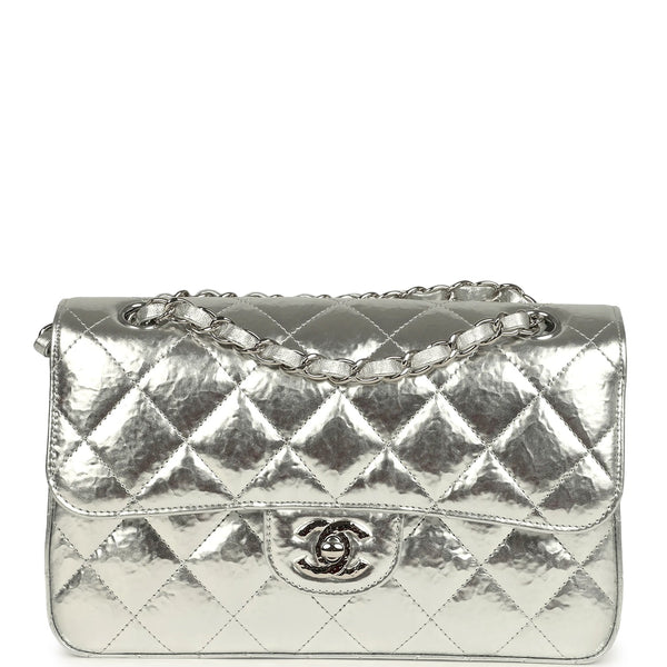 Pre-owned Chanel Small Classic Double Flap Silver Hammered Metallic Ca
