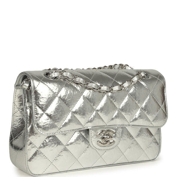 Pre-owned Chanel Small Classic Double Flap Silver Hammered Metallic Ca