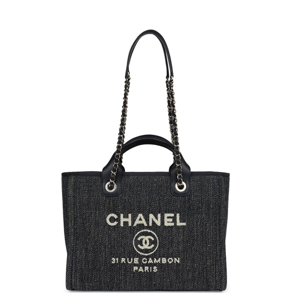 Chanel Small Deauville Shopping Tote Dark Blue Denim Light Gold Hardwa