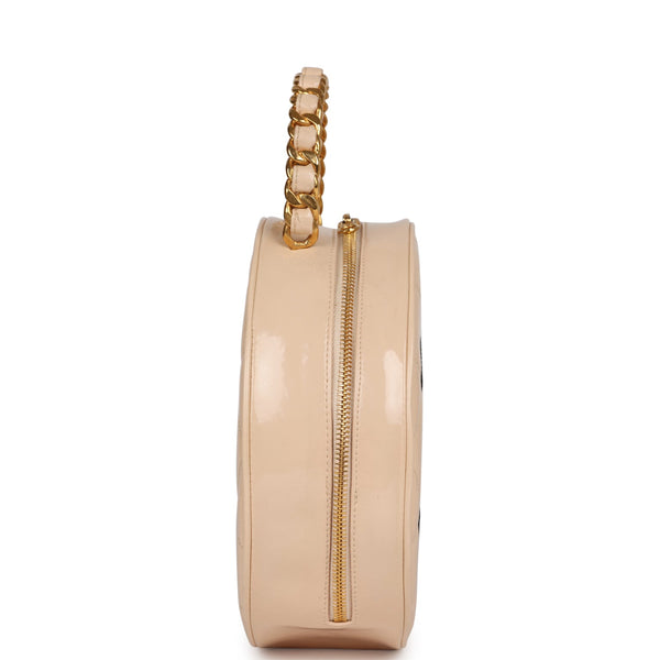 Vintage Chanel Round Vanity Bag Pink and Black Patent Leather Antique Gold  Hardware