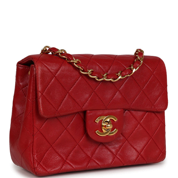 Vintage Chanel Mini Square Flap Red Lambskin Gold Hardware 