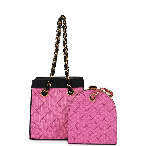Vintage Chanel Set of Two Mini Bucket Bag & Oval Handbag Pink and Blac