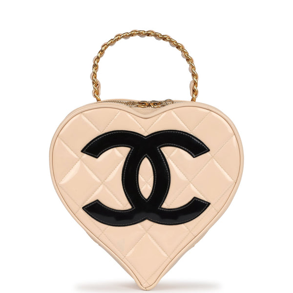 Vintage Chanel Heart Vanity Bag Beige and Black Patent Antique Gold Ha