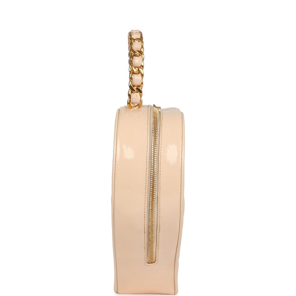 Vintage Chanel Heart Vanity Bag Beige and Black Patent Antique Gold Ha