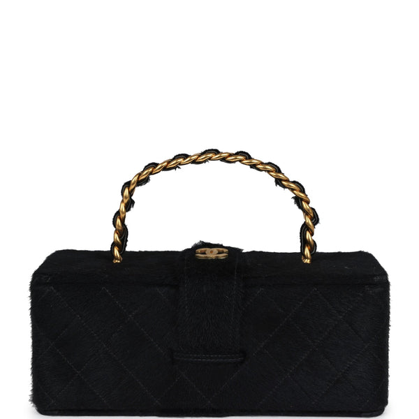 Vintage Chanel Rectangular Vanity Box Black Pony Hair Antique Gold Har
