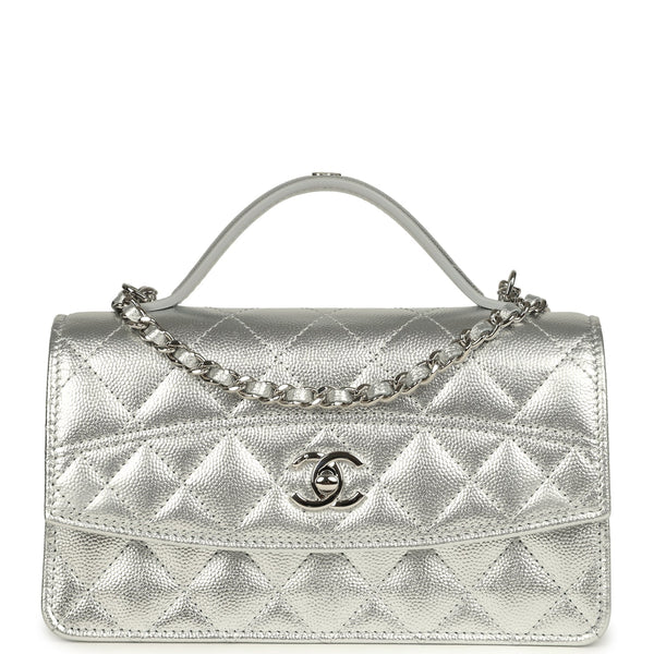 Chanel Trendy Top Handle Wallet On Chain WOC Metallic Silver Shiny