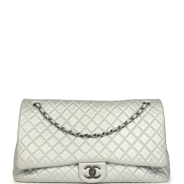 Pre-owned Chanel XXL Classic Single Flap Bag Silver Metallic Calfskin