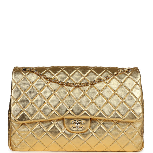 Chanel XXL Classic Single Flap Bag Gold Metallic Lambskin Light Gold H