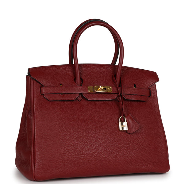 Birkin 35 in Rouge H Box Calfskin and Canvas with Gold hardware