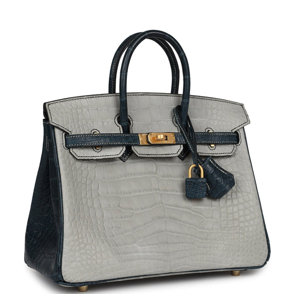 Hermes Special Order (HSS) Birkin 25 Gris Perle and Vert Rousseau Matte  Alligator Brushed Gold Hardware