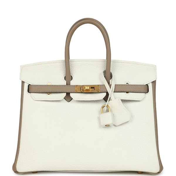 Hermes Special Order (HSS) Birkin 25 White, Etoupe Clemence Brushed Go