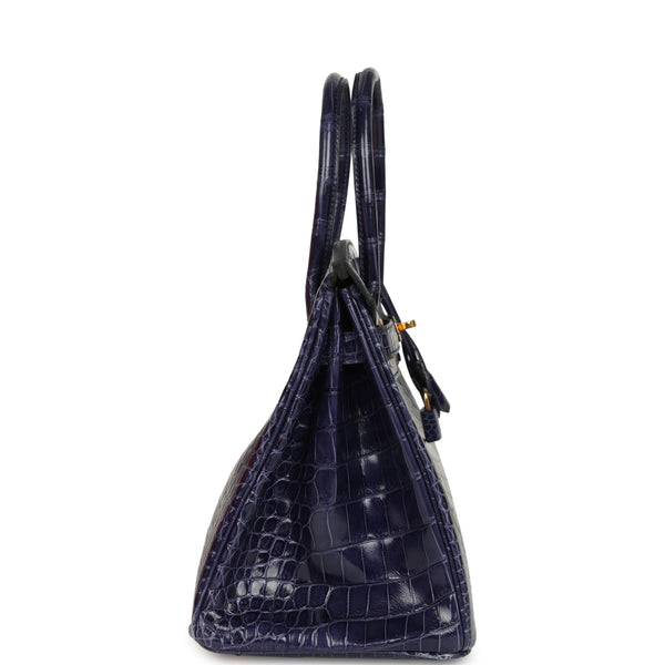 Pre-owned Hermes Birkin 30 Bleu Encre Shiny Porosus Crocodile Gold Har