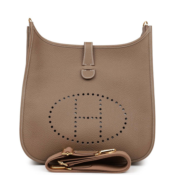 Hermes Gris Etain Clemence Leather Evelyne GM III Bag