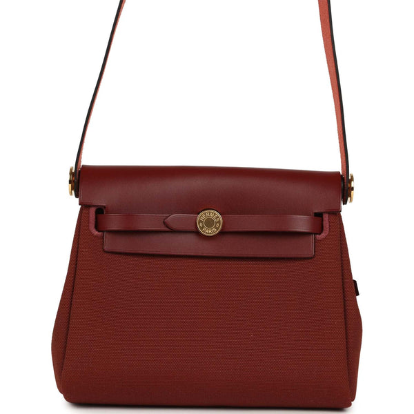 Hermes Herbag Zip 20 Mini Rouge H Toile Militaire Canvas and Vache Hun