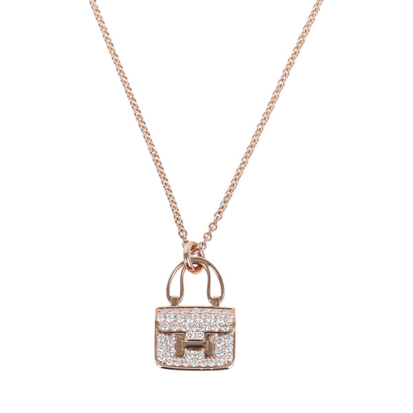 Hermes Amulettes Constance Pendant Necklace Diamonds 18K Rose Gold Har