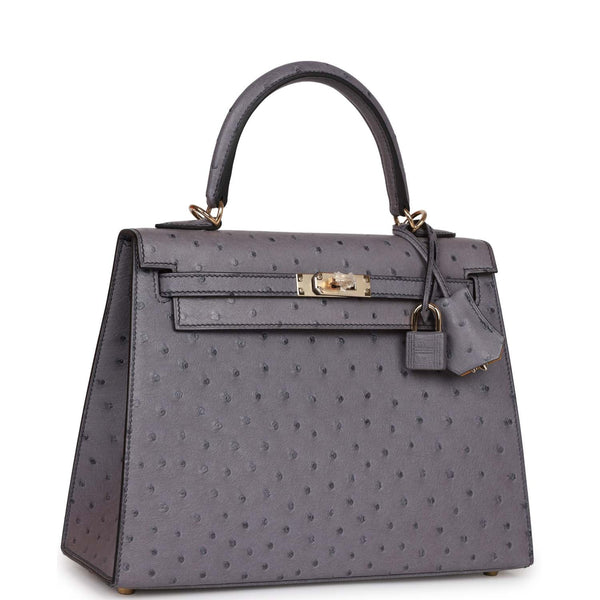 Vintage Hermes Gris Agate Ostrich Kelly Handbag