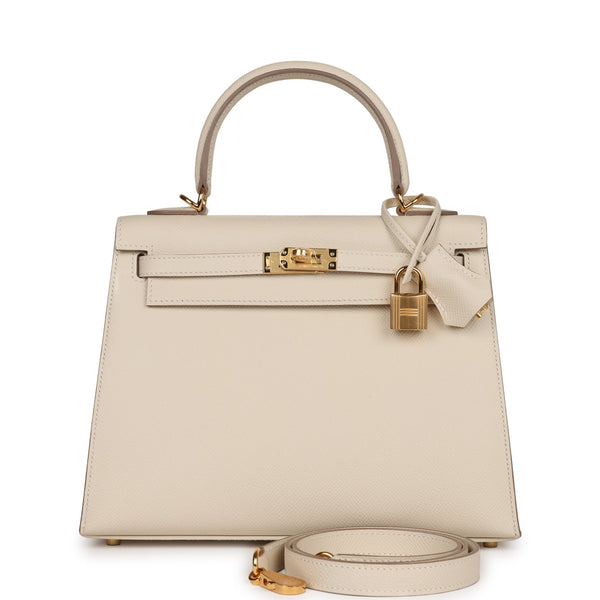 HERMÈS Kelly 25 Sellier Bag Neutral Craie Epsom Gold Hardware with Twilly •  MIGHTYCHIC • 