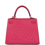 Pre-owned Hermes Kelly Sellier 25 Rose Tyrien Ostrich Palladium Hardware