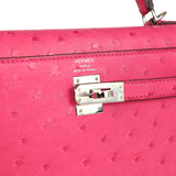 Pre-owned Hermes Kelly Sellier 25 Rose Tyrien Ostrich Palladium Hardware