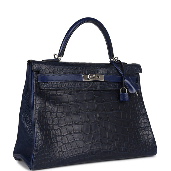 ネイビー レザー ハンドバッグ Hermès Pre-owned Hermes Kelly Retourne 35 Bleu Indigo Matte Alligator and Ble