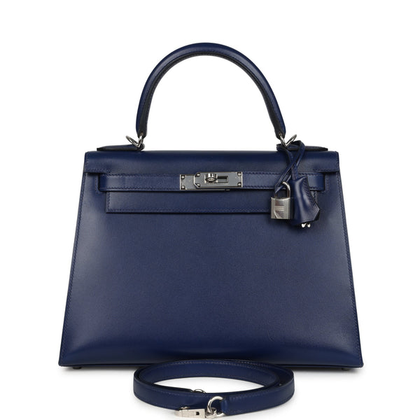 Pre-owned Hermes Kelly Sellier 28 Bleu Saphir Box Palladium Hardware