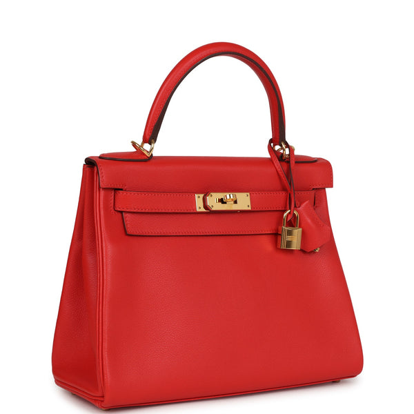 Pre-owned Hermes Kelly Retourne 28 Rouge Tomate Evercolor