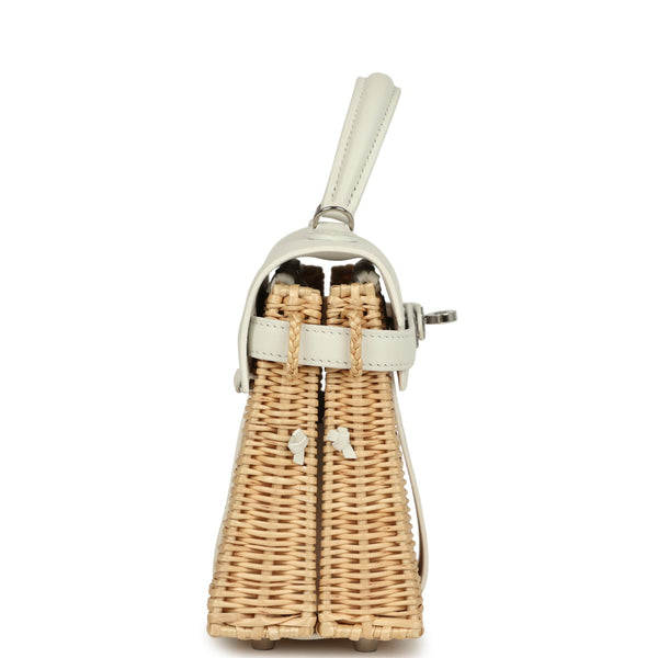 Hermes Mini Picnic Kelly 20 White Swift and Osier Wicker Palladium Har