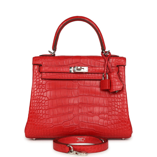 Hermes Kelly Retourne 25 Rouge Radieux Matte Alligator Palladium Hardw