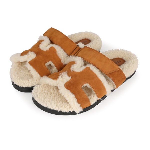 Hermes Chypre Teddy Sandals Kraft Suede 38 EU Brown New 38
