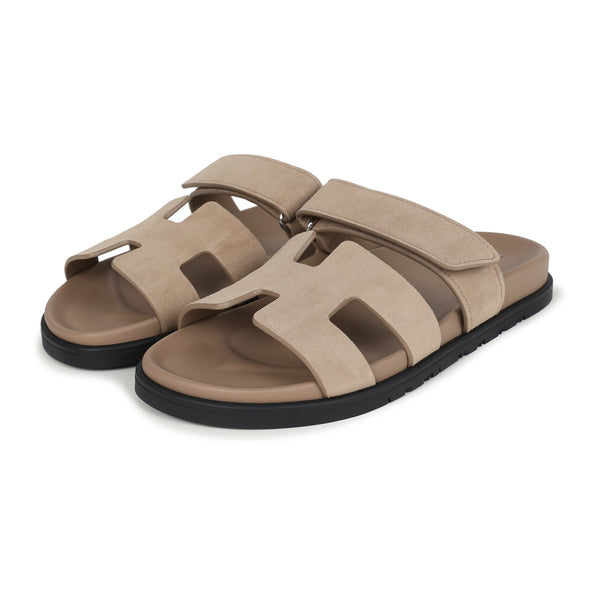 Hermes Chypre Techno Sandals Beige Sable Suede Palladium Hardware 39 E