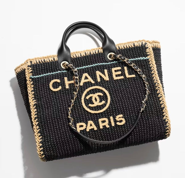 Chanel Black, Beige, Light Green Cotton Crochet Large Deauville Tote G