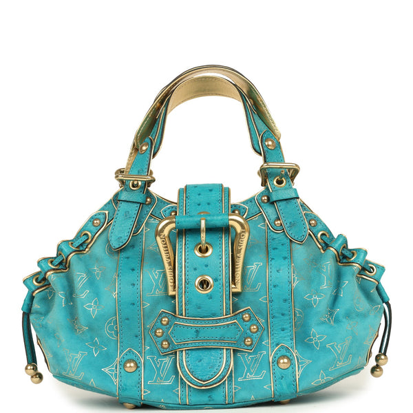 Vintage Louis Vuitton Theda GM Bag Blue and Gold Suede Monogram and Os