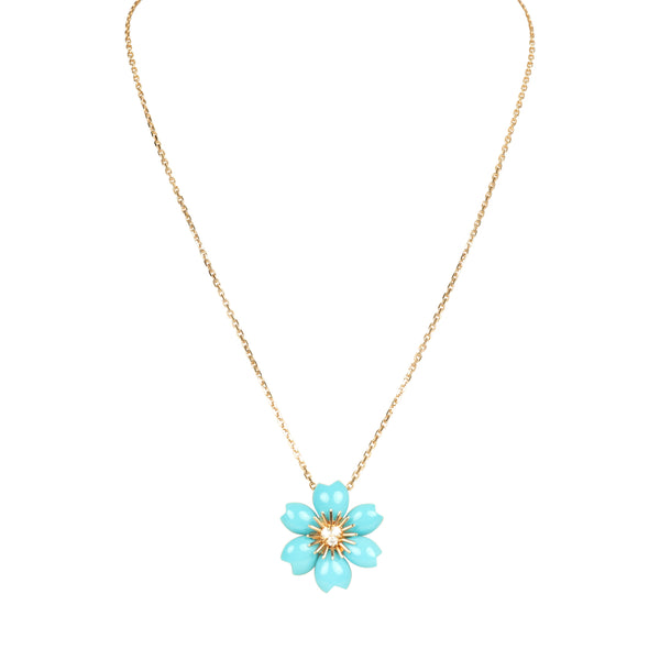 Van Cleef & Arpels Rose de Noel Mini Pendant Necklace Turquoise 18K Ye