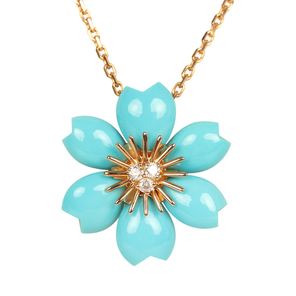 Van Cleef & Arpels Rose de Noel Mini Pendant Necklace Turquoise 18K Ye