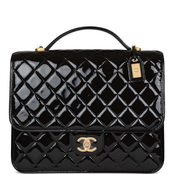 Chanel Large Flap Backpack Black Patent Antique Gold Hardware