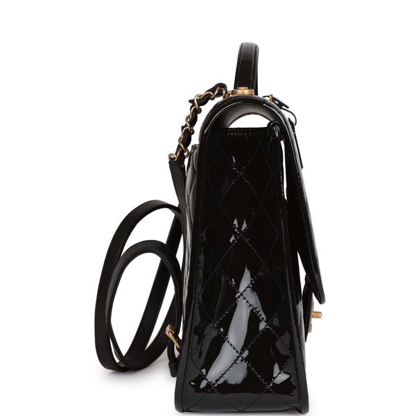 Chanel Large Flap Backpack Black Patent Antique Gold Hardware