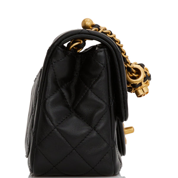 Chanel Pearl Crush Mini Square Flap Bag Black Lambskin Antique Gold Ha