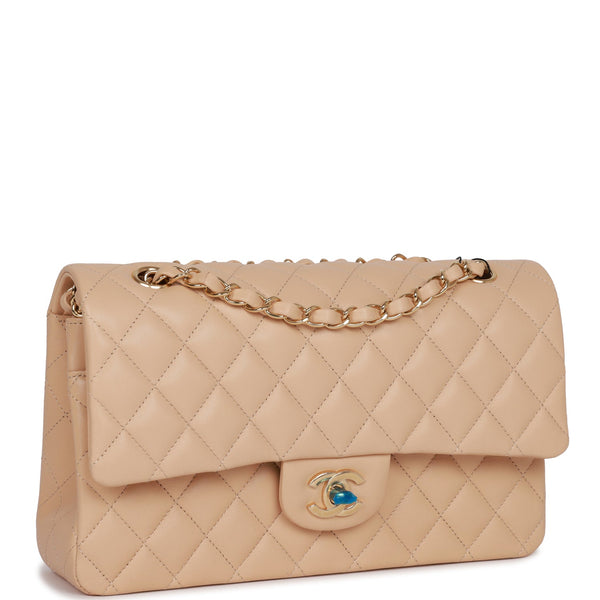 CHANEL Classic Beige Quilted Lambskin Silver Hardware Medium Double Flap Bag