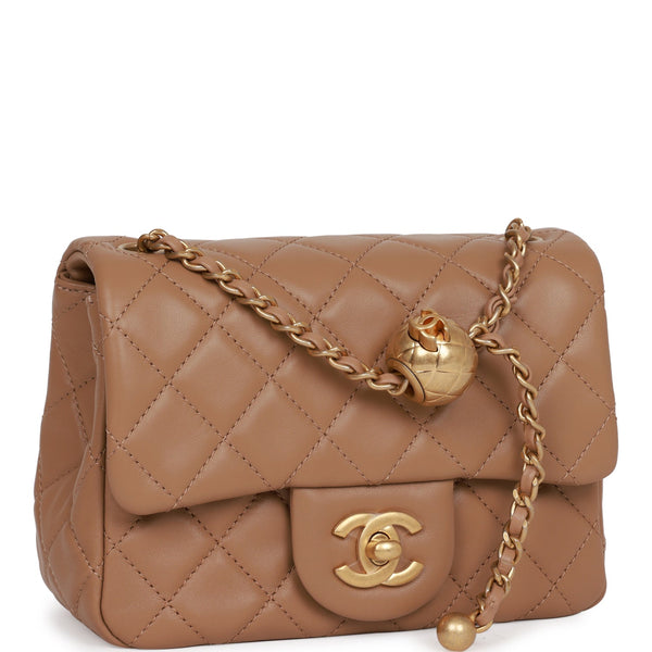 Chanel Mini Square Flap Bag With Pearl Crush Chain Beige - NOBLEMARS