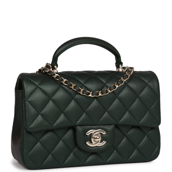 Chanel Dark Green Lambskin Rectangular Mini Flap Top Handle Light