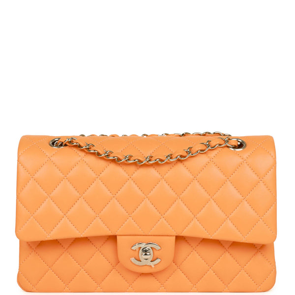 Chanel Medium Classic Double Flap Bag Neon Orange Lambskin Silver Hard