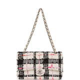 Pre-owned Chanel Medium Classic Double Flap Bag White, Black, and Pink Tweed Silver Hardware