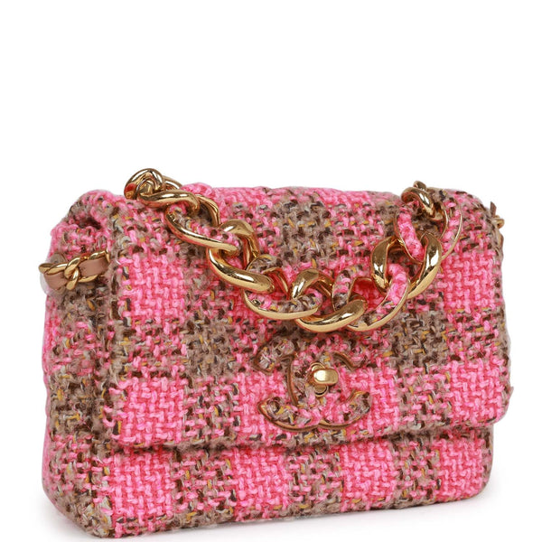 Chanel Pink And Beige Quilted Wool Tweed Small Elegant Chain Flap