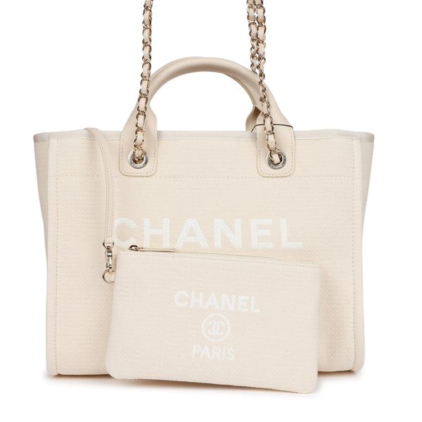 Chanel Small Deauville Shopping Bag White Boucle Light Gold Hardware  White-New or Never Worn-Boucle in 2023