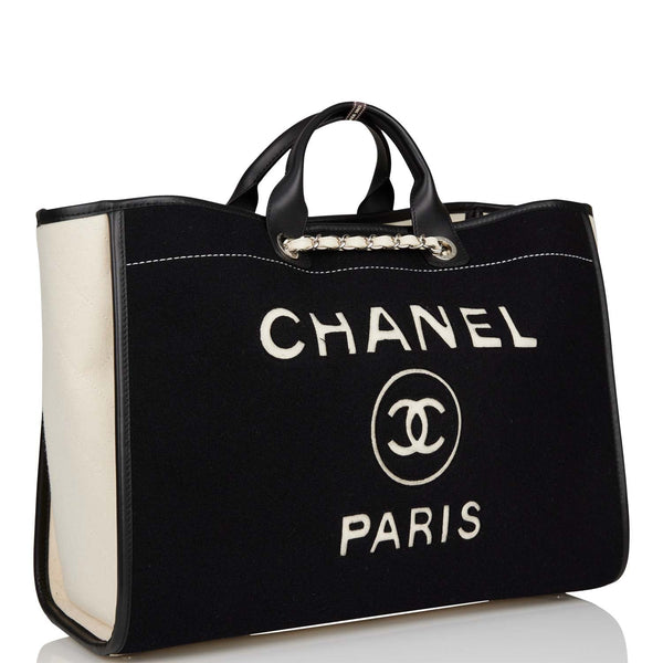 Chanel Large Deauville Shopping Bag Black and White Wool Silver Hardwa