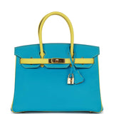 Pre-owned Hermes Special Order (HSS) Birkin 30 Bleu Turquoise and Lime Chevre Gold Hardware