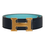 Hermes 32mm Reversible Bleu Indigo/Bleu Atoll Constance H Belt 85cm Gold Buckle